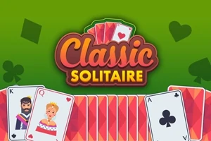 Illustration av spelkort med en kung och dam, texten Classic Solitaire ovanpå en grön bakgrund med hjärter och klöver symboler