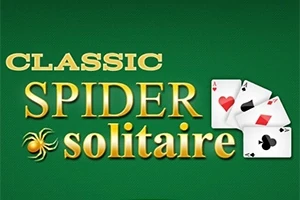 Texten Classic Spider Solitaire i guld mot en grön bakgrund med tre spelkort; ess i hjärter, ruter och klöver