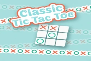 Texten Classic Tic Tac Toe över en spelbräda med kryss och ringar på en turkos bakgrund