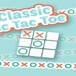 Texten Classic Tic Tac Toe över en spelbräda med kryss och ringar på en turkos bakgrund