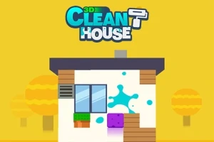 En illustration av ett hus mot en gul bakgrund med två träd och texten 3D Clean House ovanför