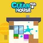 En illustration av ett hus mot en gul bakgrund med två träd och texten 3D Clean House ovanför