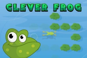 Tecknad groda med stora ögon och texten CLEVER FROG på blå bakgrund med gröna näckrosor