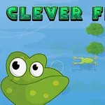 Tecknad groda med stora ögon och texten CLEVER FROG på blå bakgrund med gröna näckrosor