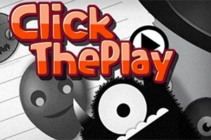 Texten Click The Play i rött med tecknade ansikten och former i bakgrunden