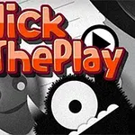 Texten Click The Play i rött med tecknade ansikten och former i bakgrunden