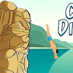 En tecknad bild som visar en person som dyker från en klippa ner i vattnet, med texten Cliff Diving ovanför