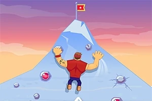 En tecknad figur klättrar uppför ett berg mot en flagga på toppen, omgiven av diamanter och sprickor i berget