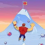 En tecknad figur klättrar uppför ett berg mot en flagga på toppen, omgiven av diamanter och sprickor i berget