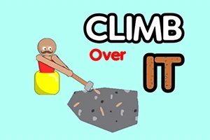 Tecknad figur i gul behållare som klättrar över en sten med texten CLIMB Over IT