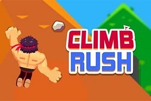 Muskulös figur klättrar uppför en brant väg bredvid texten CLIMB RUSH