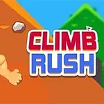 Muskulös figur klättrar uppför en brant väg bredvid texten CLIMB RUSH