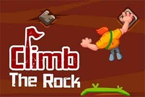 En tecknad figur med orange hår klättrar uppför en brun klippvägg med texten Climb The Rock bredvid