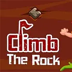 En tecknad figur med orange hår klättrar uppför en brun klippvägg med texten Climb The Rock bredvid