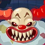 En tecknad clown med rött hår, stora röda ögon, och vassa tänder