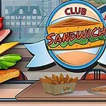 En tecknad bild som visar en stor dubbel smörgås med lager av kött, ost, tomat och sallad bredvid en skylt med texten Club Sandwich och en bakgrund av en inomhusmiljö med ett bord och friterad mat i en kartong