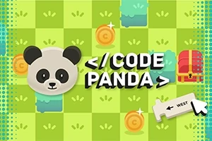 Panda-ikon, texten < / CODE PANDA >, en röd skattkista och gyllene mynt på en grön rutig bakgrund
