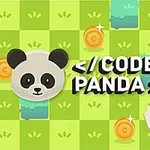 Panda-ikon, texten < / CODE PANDA >, en röd skattkista och gyllene mynt på en grön rutig bakgrund