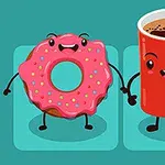 En tecknad rosa munk och en röd kaffekopp med ansikten och leenden håller varandra i handen mot en turkos bakgrund