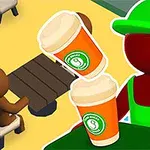 En tecknad figur i gröna kläder håller två kaffekoppar med en person vid ett bord i bakgrunden