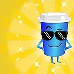 Blå kaffemugg med solglasögon och ett leende, mot en gul bakgrund med stjärnor och strålar