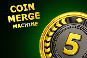 Guldmynt med siffran 5 och texten Coin Merge Machine mot mörkgrön bakgrund