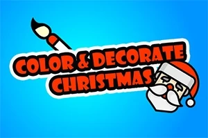 Texten Color & Decorate Christmas i rött med en svart kant, tillsammans med en målborste och en tecknad tomtehuvud på en blå bakgrund