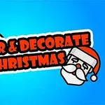 Texten Color & Decorate Christmas i rött med en svart kant, tillsammans med en målborste och en tecknad tomtehuvud på en blå bakgrund