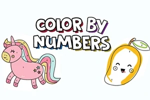 En tecknad rosa enhörning med regnbågsman och ett leende gult päron bredvid texten Color by Numbers