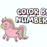 En tecknad rosa enhörning med regnbågsman och ett leende gult päron bredvid texten Color by Numbers