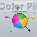 Flerfärgad boll med utskjutande färgade pinnar mot en grå bakgrund och texten Color Pin
