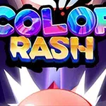 Färgglada ord Color Rash ovanför en animerad figur med strålande ljus i bakgrunden