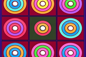 Färgglada koncentriska cirklar arrangerade i ett rutnät på en mörkröd bakgrund