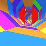 Färgglatt geometriskt tunnelmönster med hexagonala former och rektangulära röda hinder