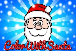 Tecknad bild av jultomten med röd luva mot en blå bakgrund med texten Color With Santa