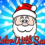 Tecknad bild av jultomten med röd luva mot en blå bakgrund med texten Color With Santa