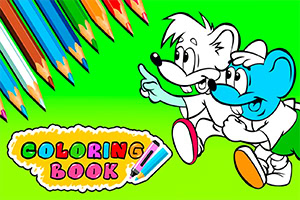 Tecknade figurer, en vit mus och en blå mus, pekar mot färgglada pennor mot en grön bakgrund med texten Coloring Book