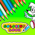Tecknade figurer, en vit mus och en blå mus, pekar mot färgglada pennor mot en grön bakgrund med texten Coloring Book