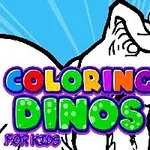 En tecknad dinosaurie med en målarpalett och pensel ovanpå, mot en blå bakgrund med färgglad text Coloring Dinos for Kids