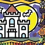 Tecknad bild av ett slott framför en fullmåne med fladdermöss, stjärnor och halloween-tema, omgiven av färgpennor och halloweenfigurer