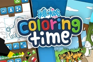 Färgglad bild med texten coloring time omgiven av målarbilder av ett lejon och en tiger