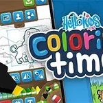 Färgglad bild med texten coloring time omgiven av målarbilder av ett lejon och en tiger