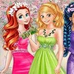 Tre animerade kvinnor i färgglada klänningar står framför en blommande bakgrund