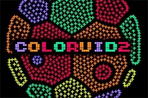 Färggranna geometriska mönster och texten COLORVID2 i pixelstil mot en svart bakgrund