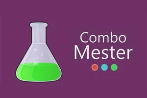 Ett grönt kemiglas med texten Combo Mester bredvid, mot en lila bakgrund