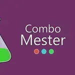 Ett grönt kemiglas med texten Combo Mester bredvid, mot en lila bakgrund