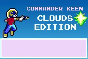 En pixelkonstfigur i hjälm och röd tröja med en laserpistol bredvid texten CLOUDS EDITION mot en blå bakgrund