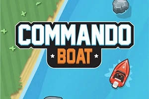 En tecknad båt i rött färdas på en blå flod med stenar, omgiven av grönska, med text som säger Commando Boat