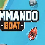 En tecknad båt i rött färdas på en blå flod med stenar, omgiven av grönska, med text som säger Commando Boat