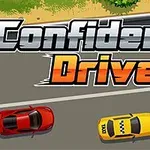 Två bilar, en röd och en gul, kör på en väg med texten Confident Driver ovanför